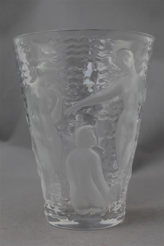 A Lalique Ondines conical glass vase, post-war, 24cm.